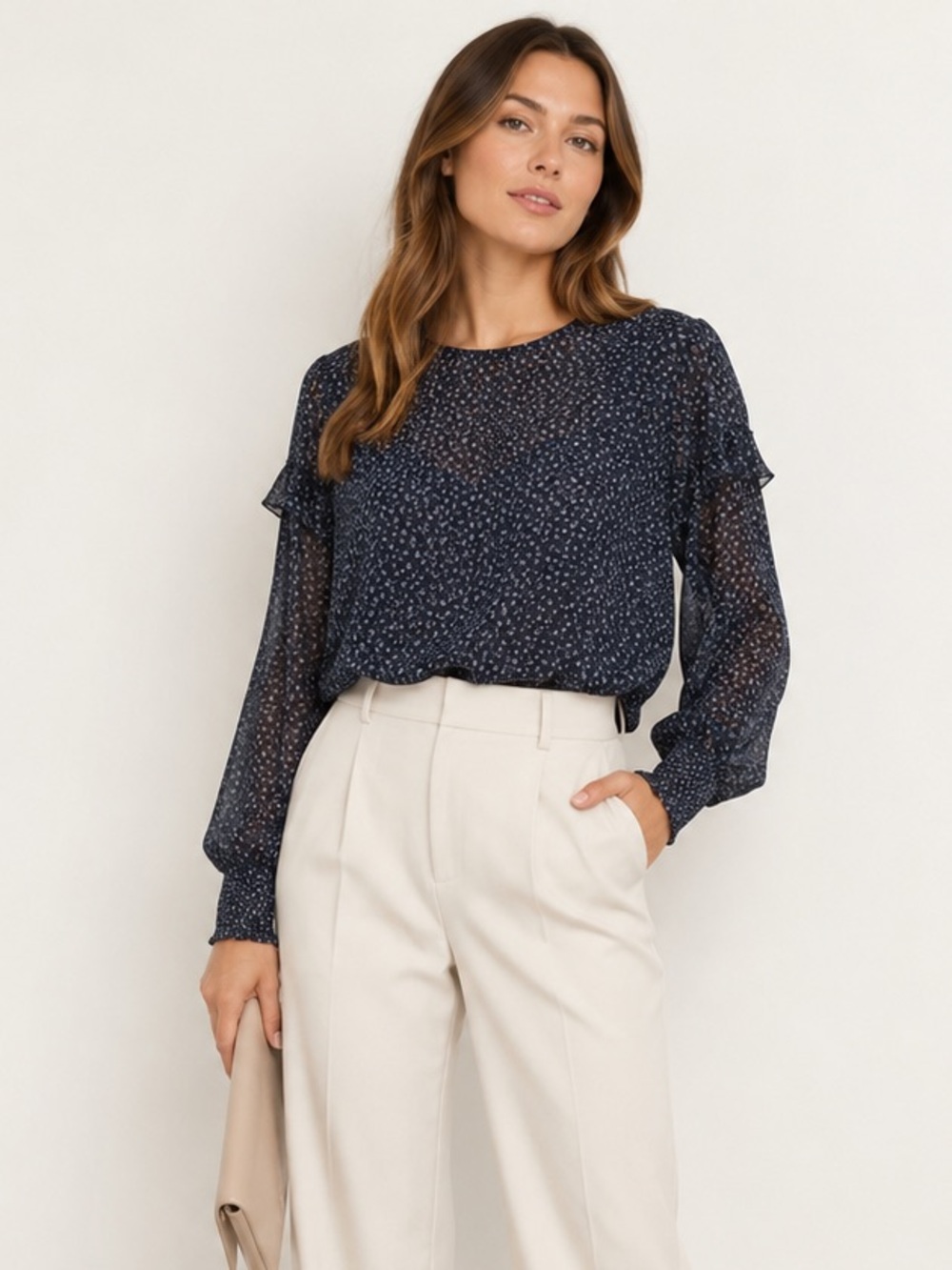 Whistle Navy Ditsy Floral Sheer Ruffle Shoulder Blouse Size 10 Cottagecore